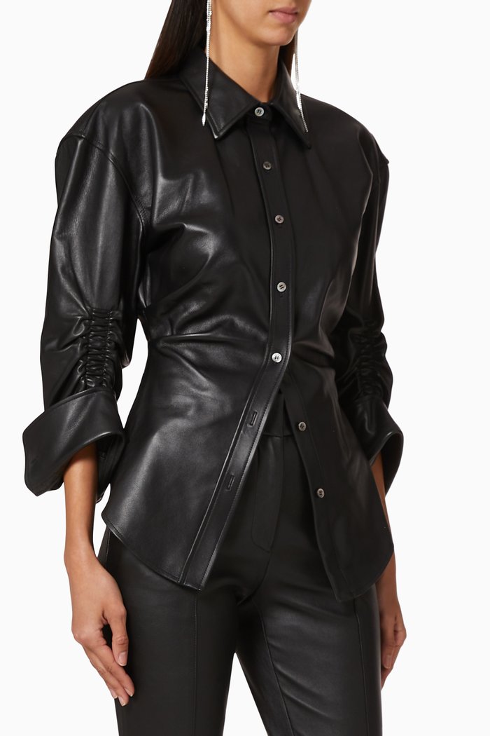 

Cinched Button-Down Leather Shirt, Black