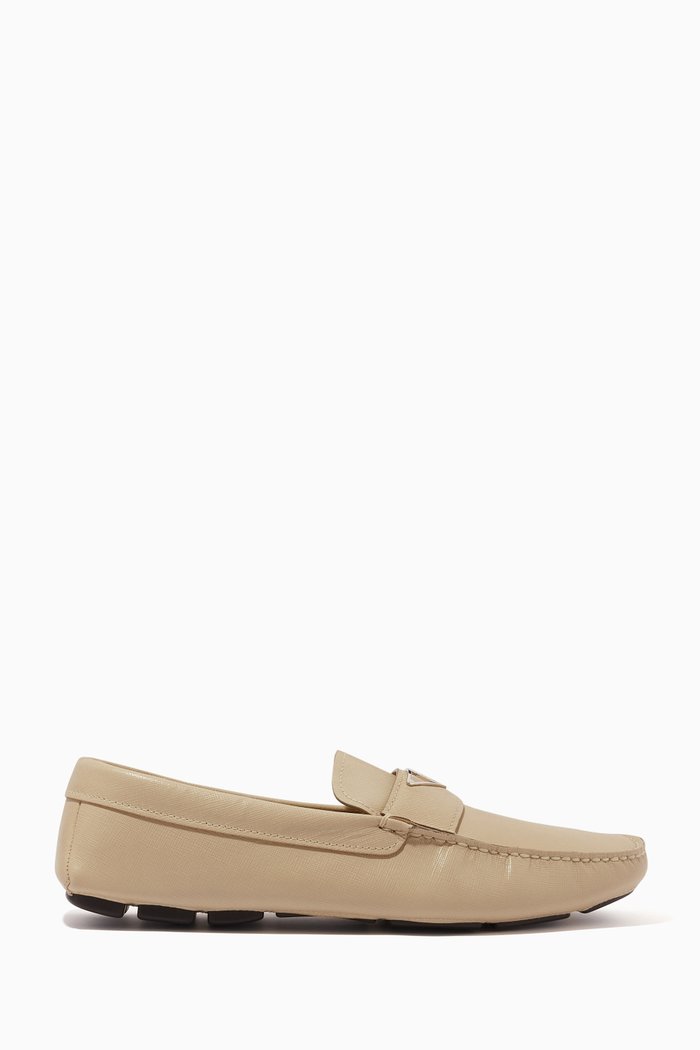 

Triangle Logo Loafers in Saffiano Leather, Neutral