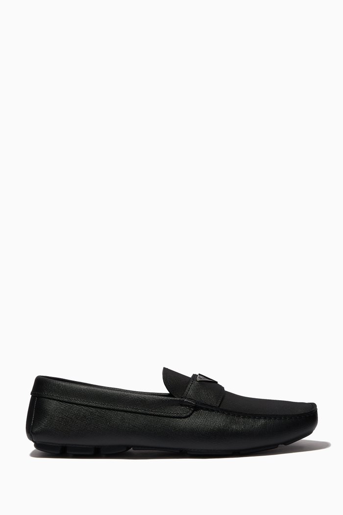 Triangle Logo Loafers in Saffiano Leather, Black