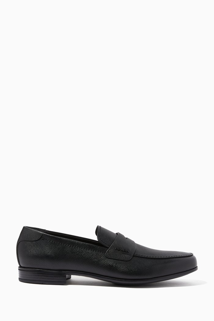 

Metal Logo Loafers in Saffiano Leather, Black