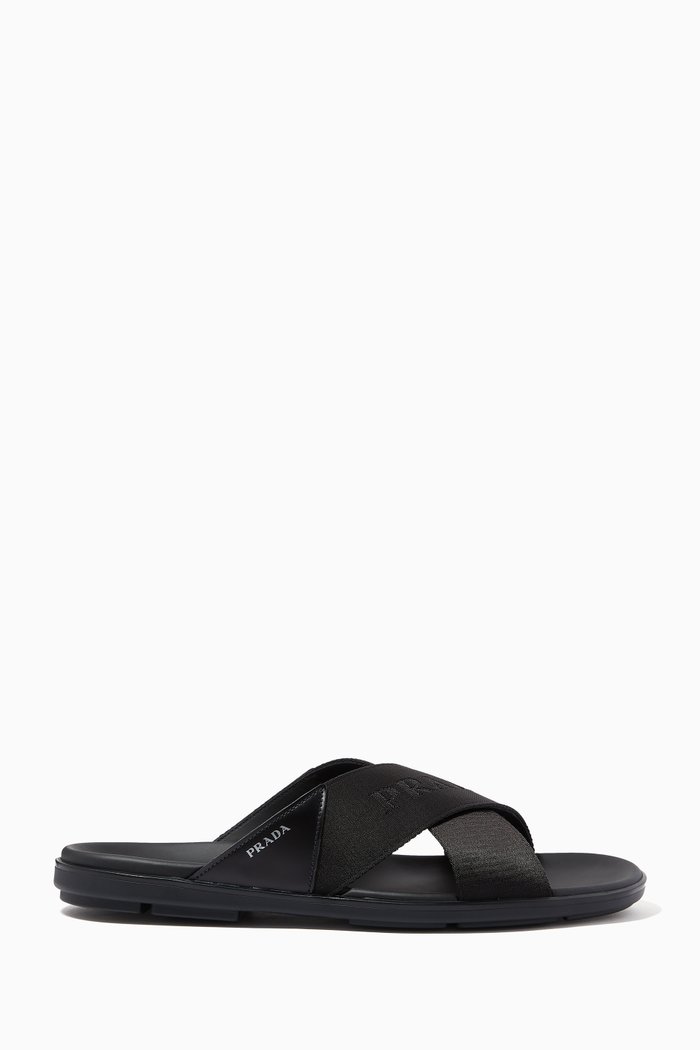 

Logo Criss-Cross Slides in Leather & Nylon, Black