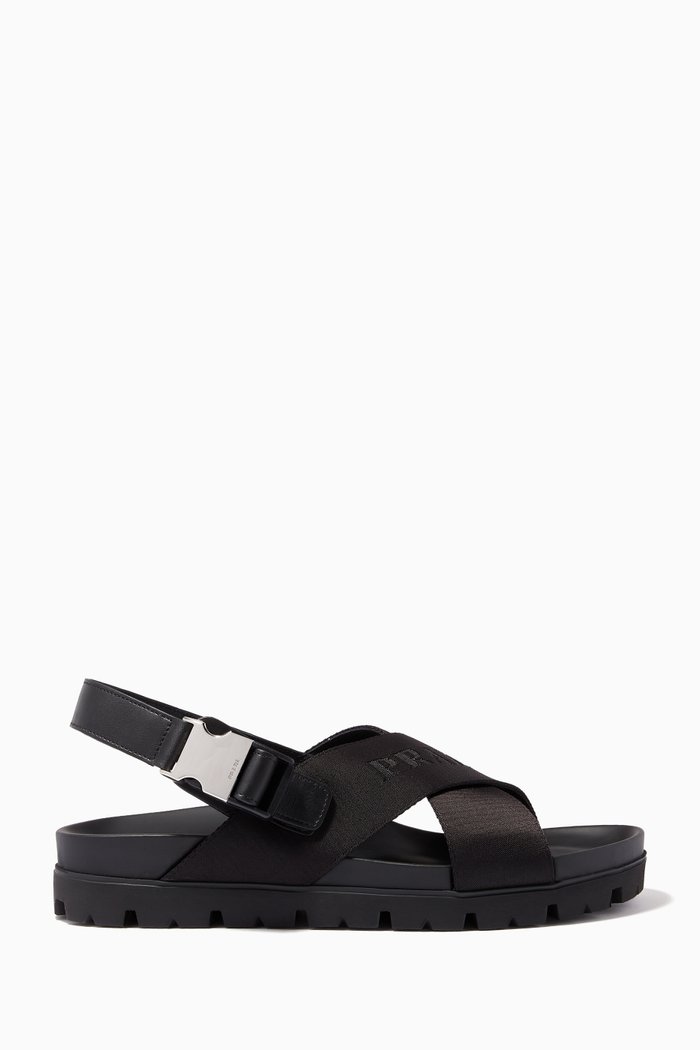 

Crisscross Sandals in Brushed Leather & Nylon, Black