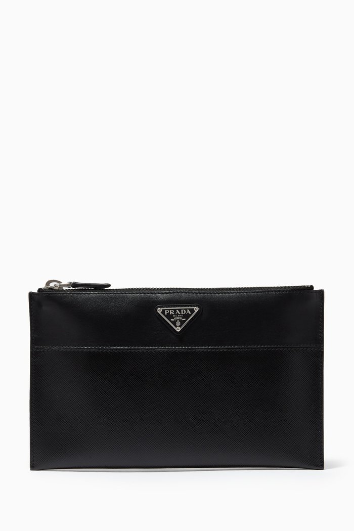 

Triangle Logo Pouch in Saffiano Leather, Black