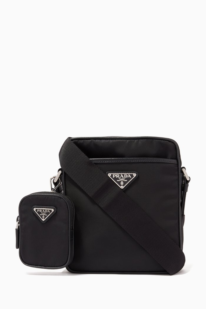 

Triangle Logo Crossbody Bag in Nylon & Saffiano Leather, Black