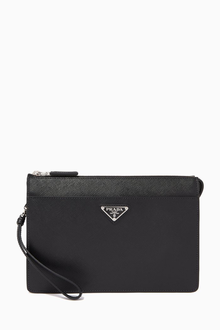 

Triangle Logo Pouch in Saffiano Leather, Black
