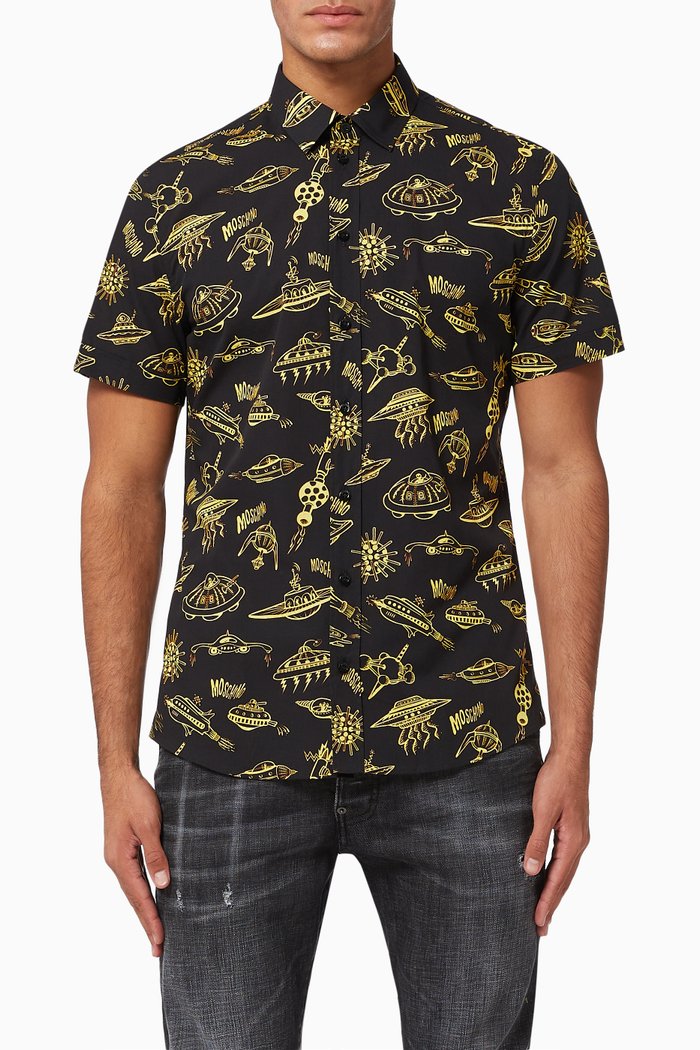 

Spaceship Print Cotton Poplin Shirt, Black