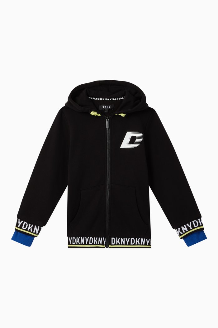

Hoodie with Zip & Logo Trims, Black