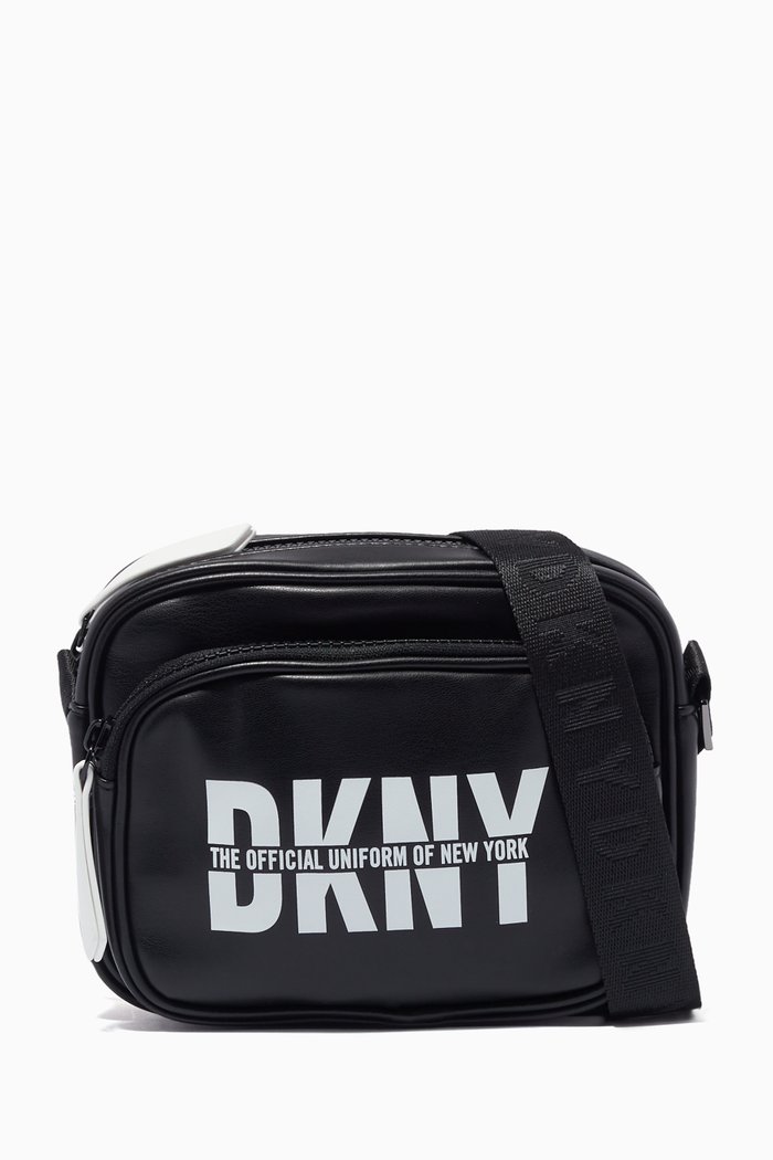 Logo Print Crossbody Bag in Faux Leather, Black