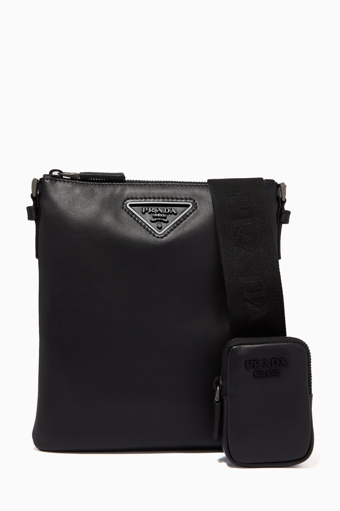 

Triangle Logo Shoulder Bag in Leather, Black