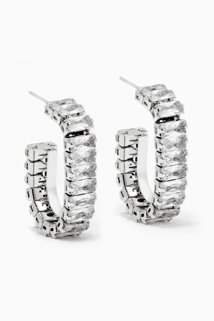 

Baguette Track U Hoop Earrings, Silver