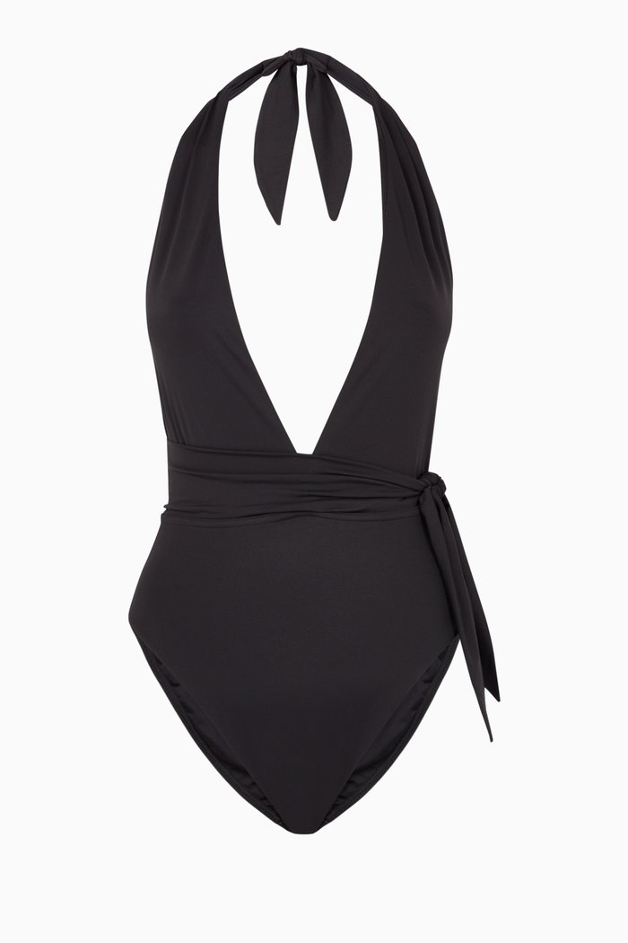 

Lulu Plunge Scarf Tie One-Piece Swimsuit, Black