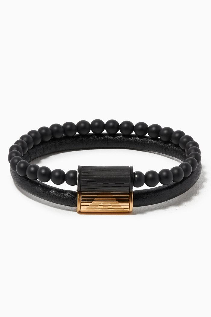 

Logo Bracelet in Leather & Stainless Steel, Set of Two, Black
