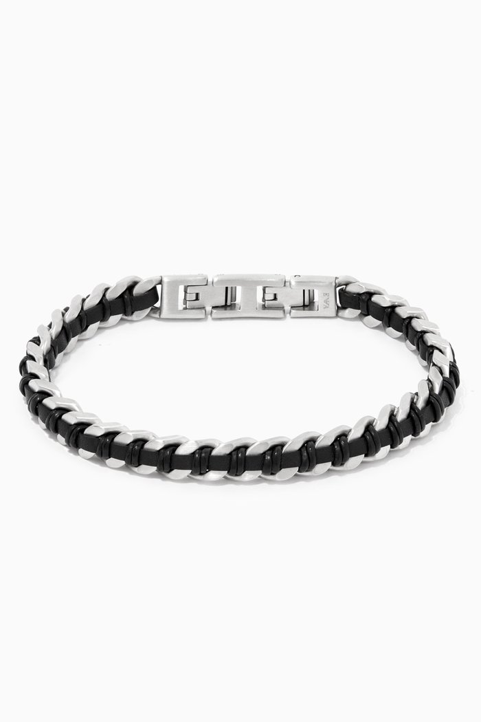 

Chain Bracelet in Stainless Steel and Leather, Black