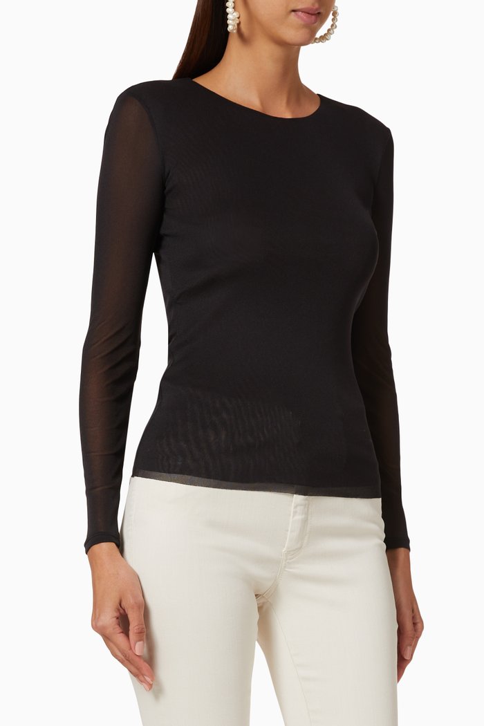 Tulle Long Sleeve Top, Black