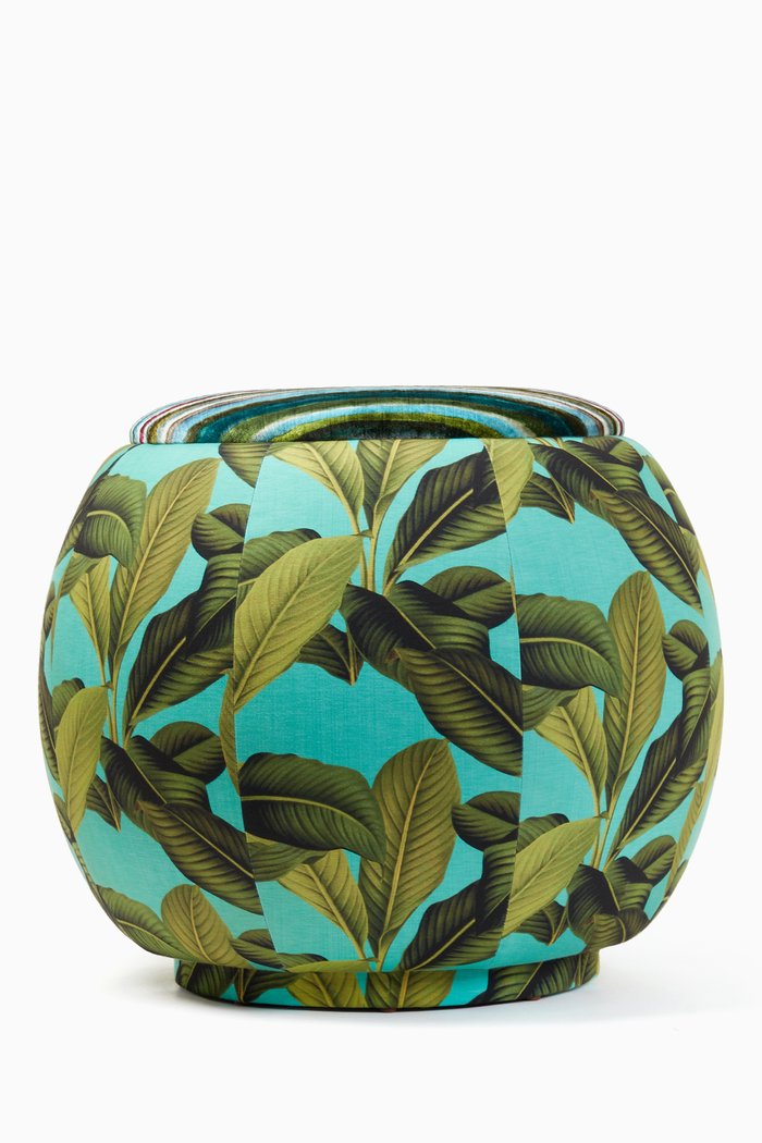 

Banana leaf & Stripe Print Velvet Queen Pouf, Multicolour