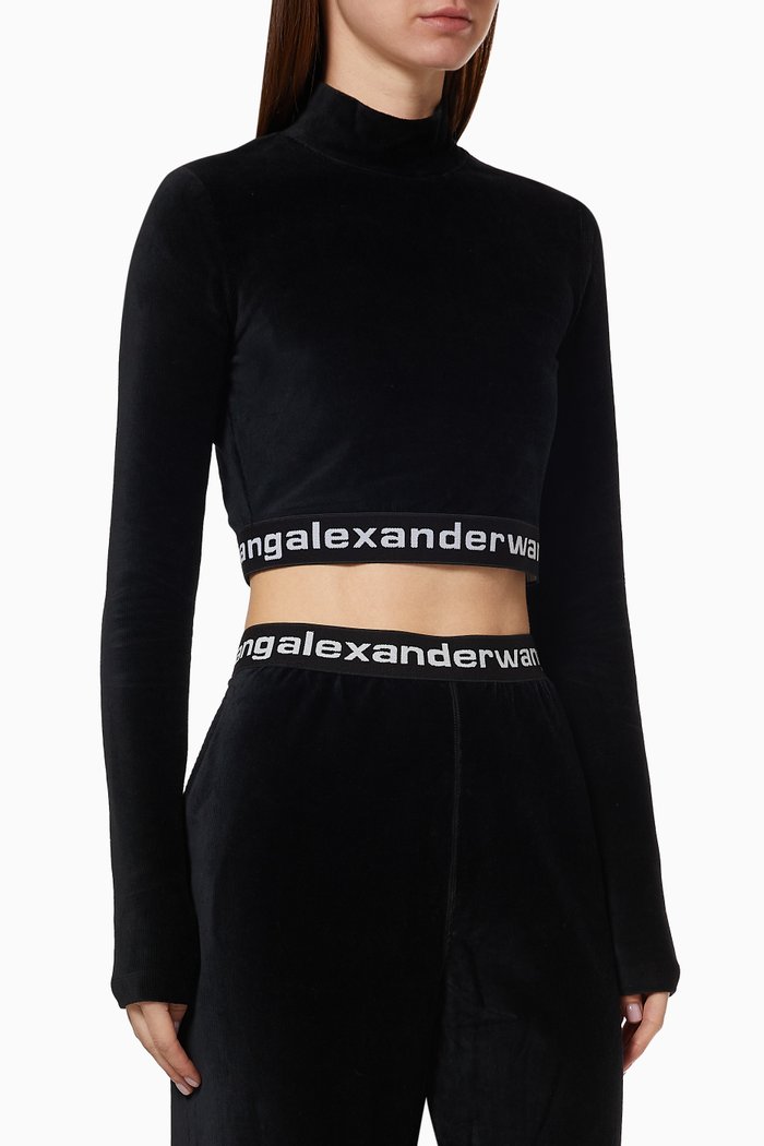 

Logo Band Crop Top in Stretch Corduroy, Black