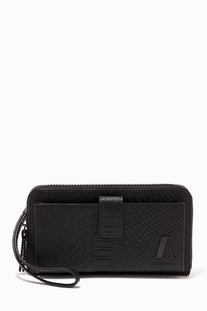 

EA Travel Wallet in Snake Print Leather, Black