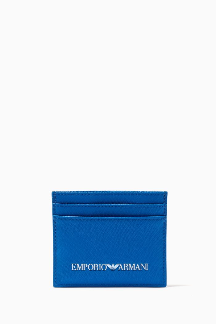 

Saffiano Print Card Holder in Regenerated Leather, Blue