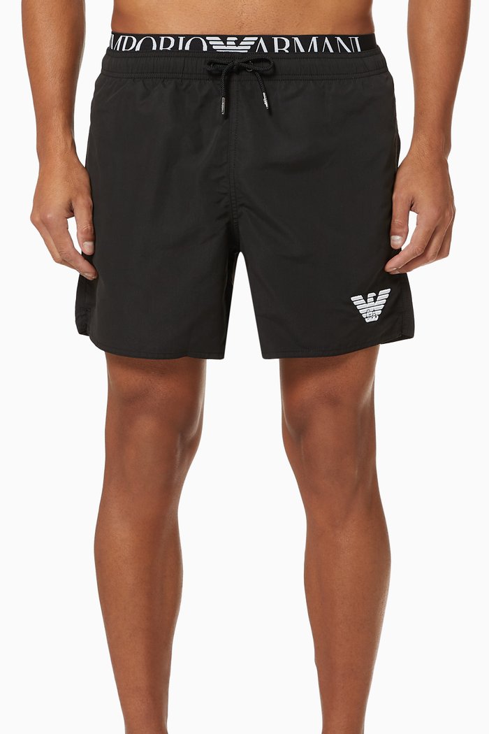 

EA Logo Text Band Swim Shorts, Black