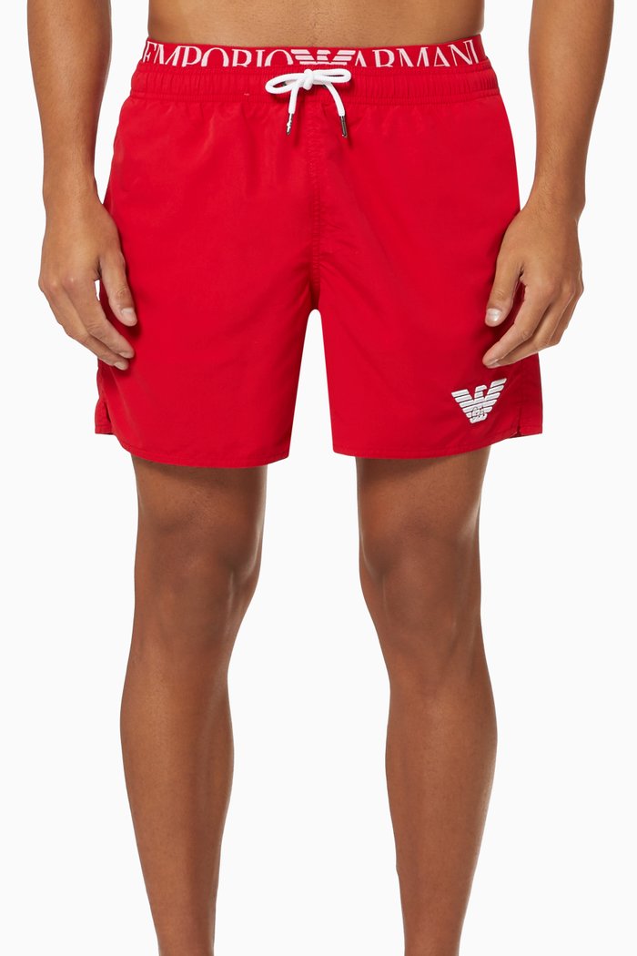 

EA Logo Text Band Swim Shorts, Red