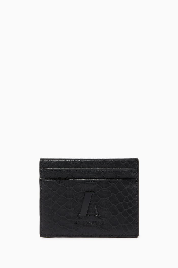 

EA Monogram Cardholder in Snake Print Leather, Black