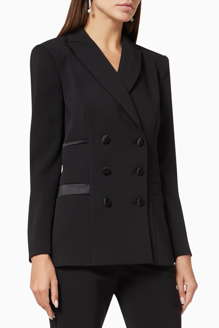 

Double-Breasted Crepe Blazer Jacket, Black