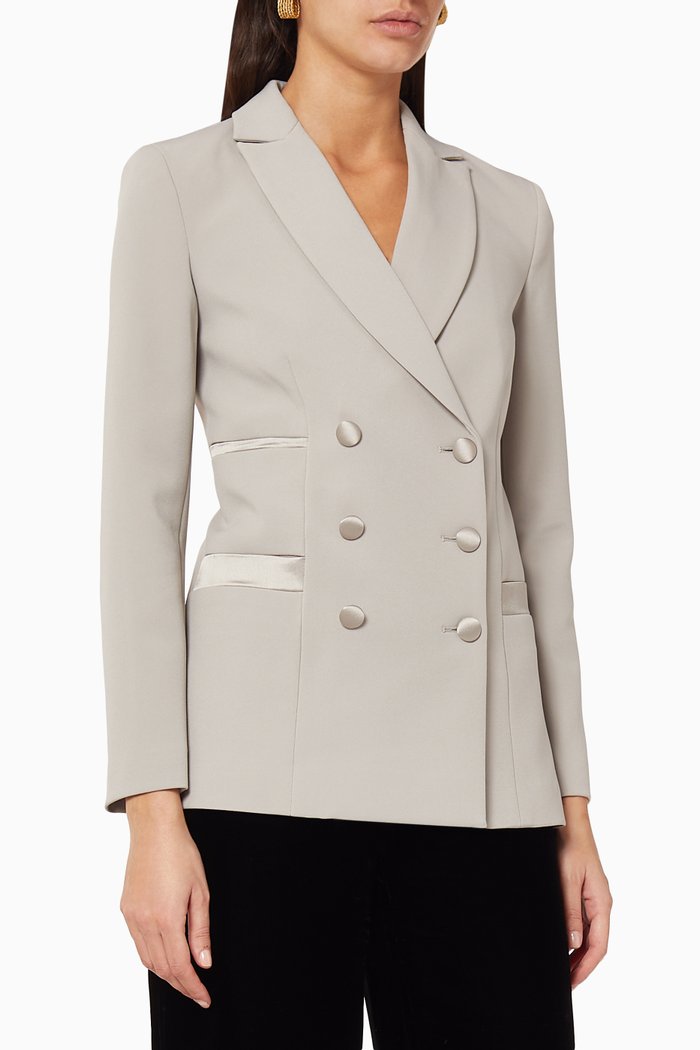 

Double-Breasted Crepe Blazer Jacket, Grey