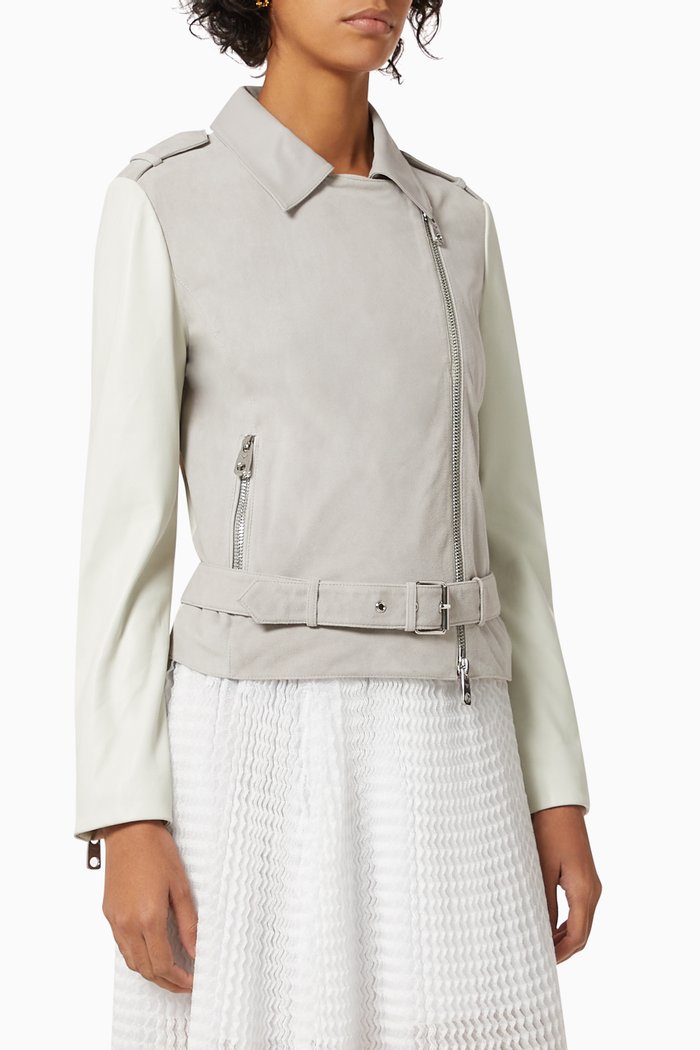 Colour Block Leather Biker Jacket, Grey