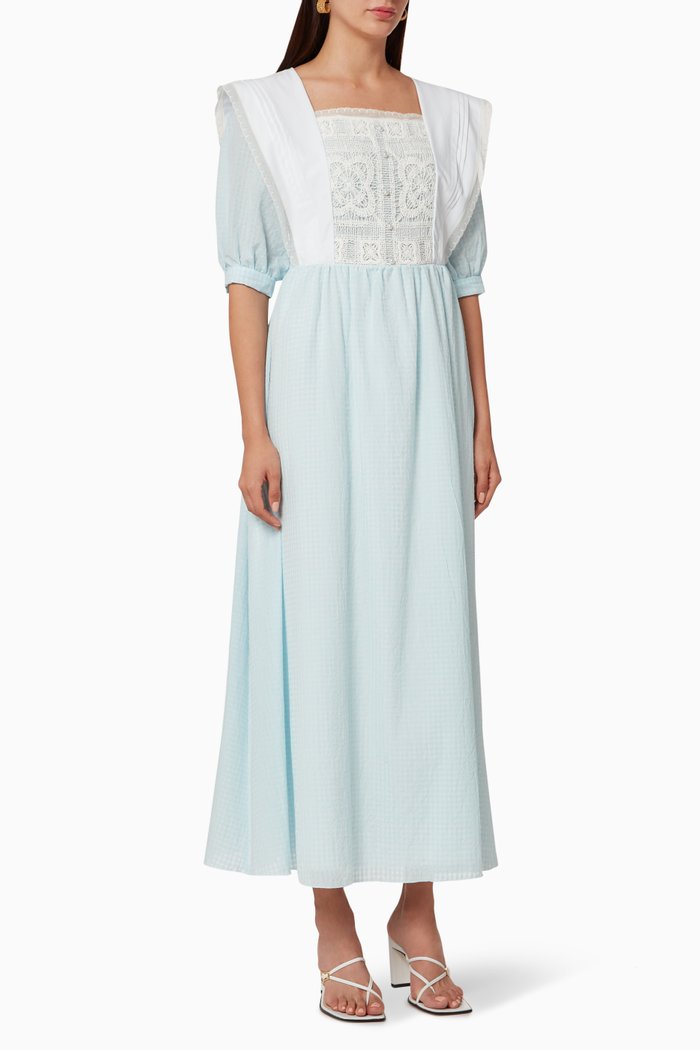 

Lace Self Check Dress, Blue