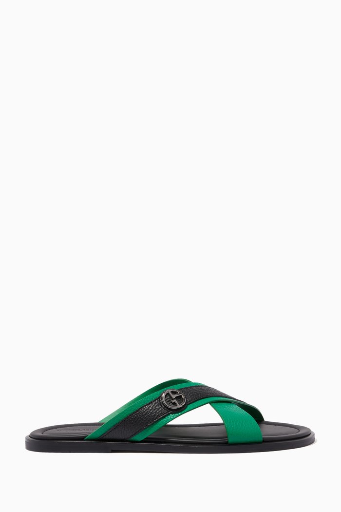

Criss-Cross Slide Sandals in Leather, Green
