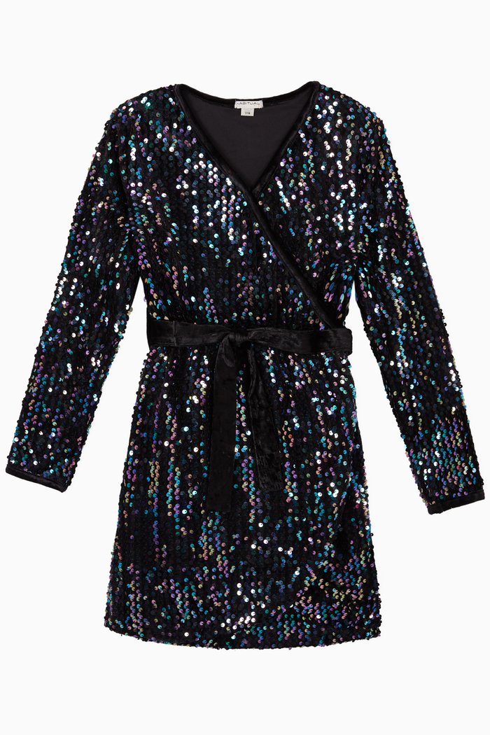 

Raven Sequins Wrap Velour Dress, Black