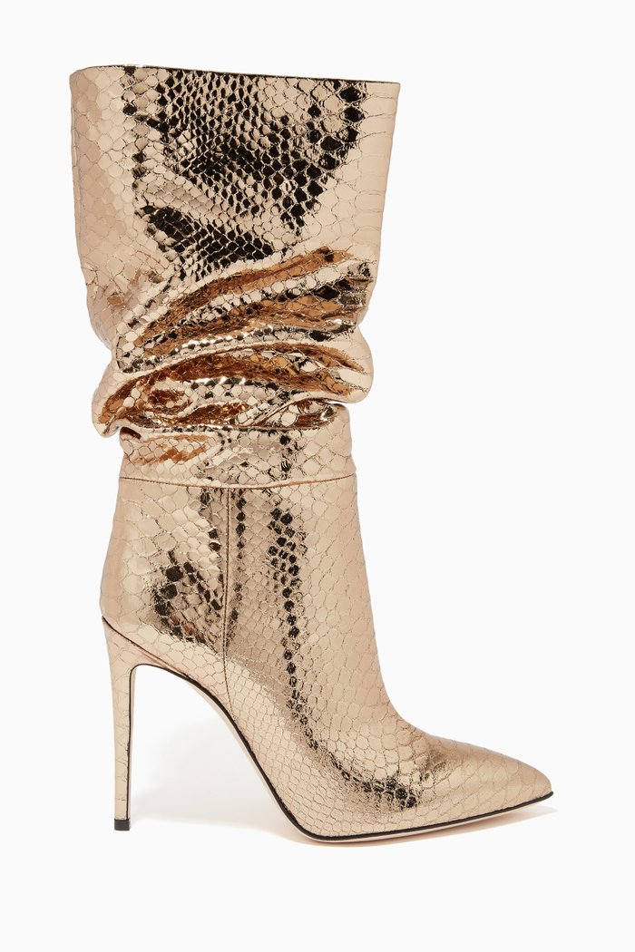

Slouchy Boots in Metallic Snake Embossed Leather, Gold