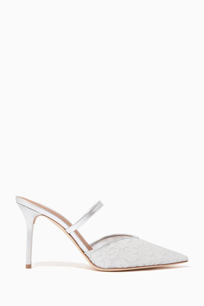 

Marla 85 Mules in Metallic Leather & Lace, Silver