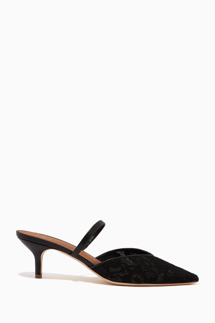 

Marla 45 Mules in Metallic Leather & Lace, Black