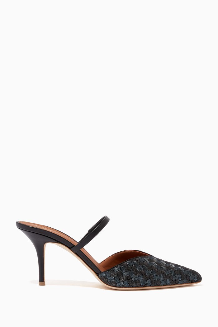 

Marla 70 Mules in Metallic Leather & Satin, Black