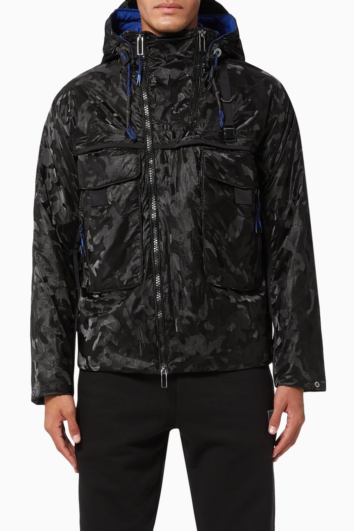 

Camo Hooded Nylon Jacket, Black