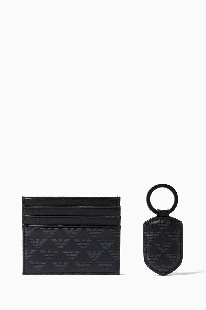 

EA Monogram Cardholder & Keyring Gift Set in Leather, Black