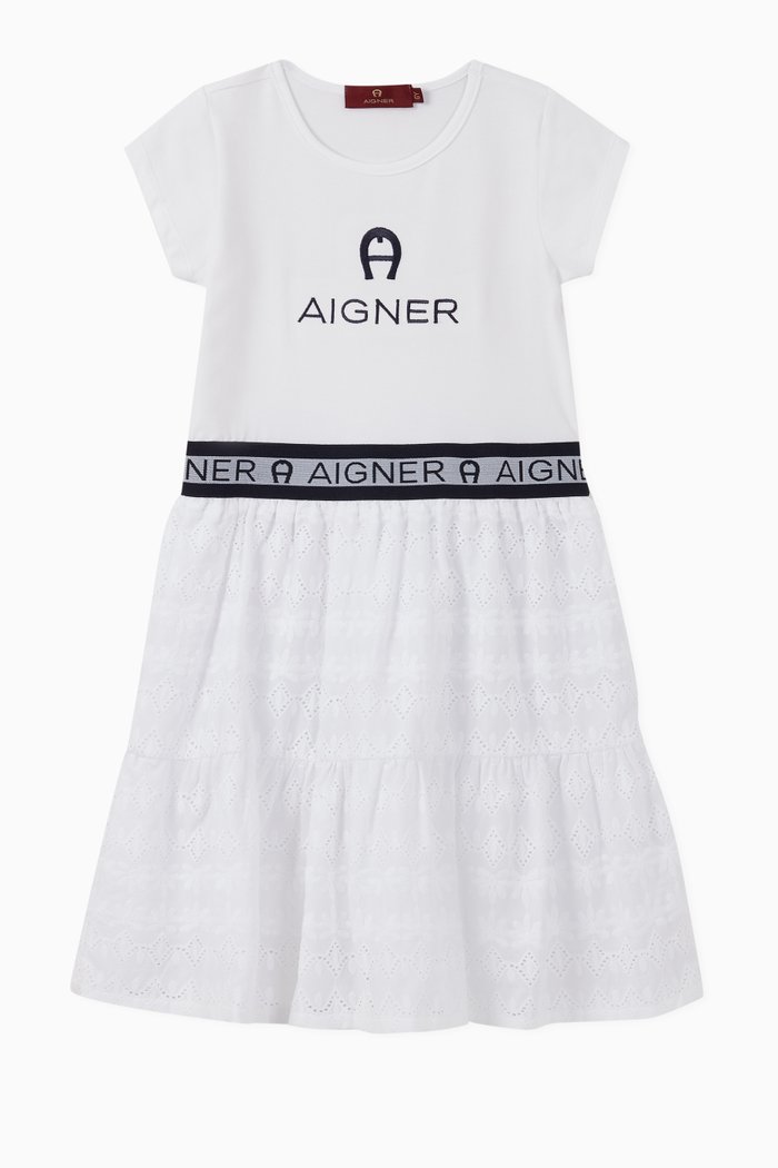 Logo Cotton Jersey Broderie Anglaise Dress, White
