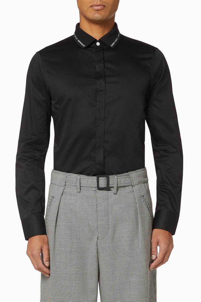 EA Text Knitted Collar Cotton Shirt, Black