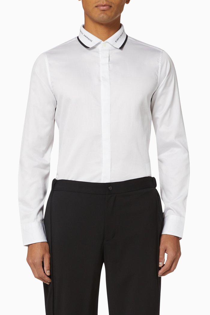 EA Text Knitted Collar Cotton Shirt, White
