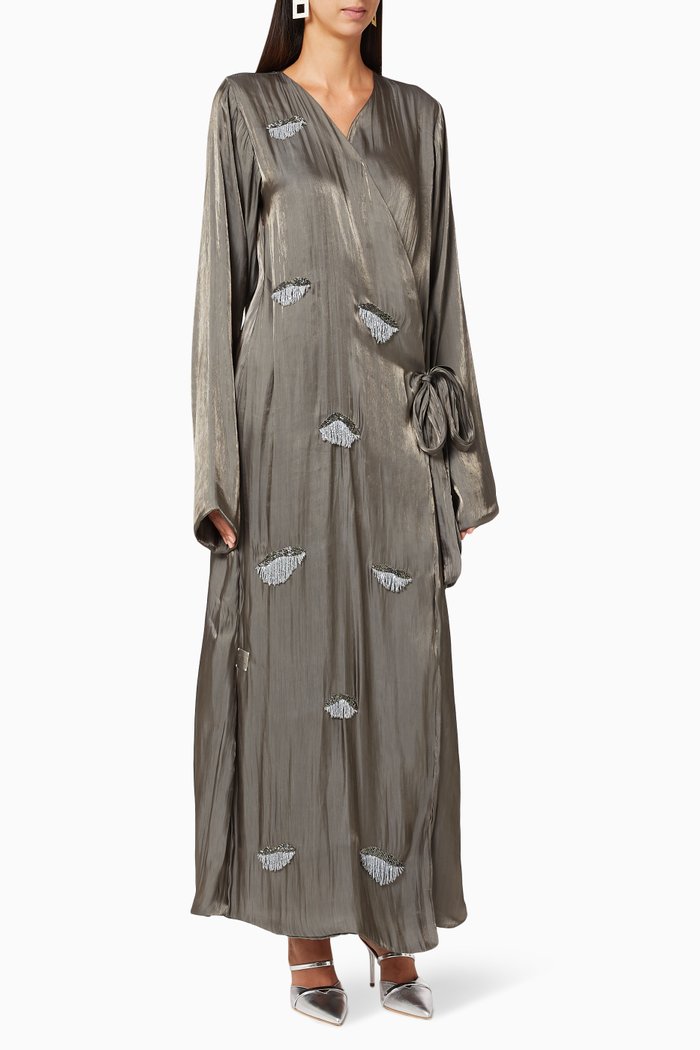 

Beaded Wrap Abaya, Grey