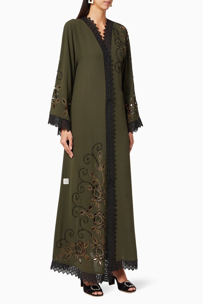 

Beaded Lace Trim Abaya, Green