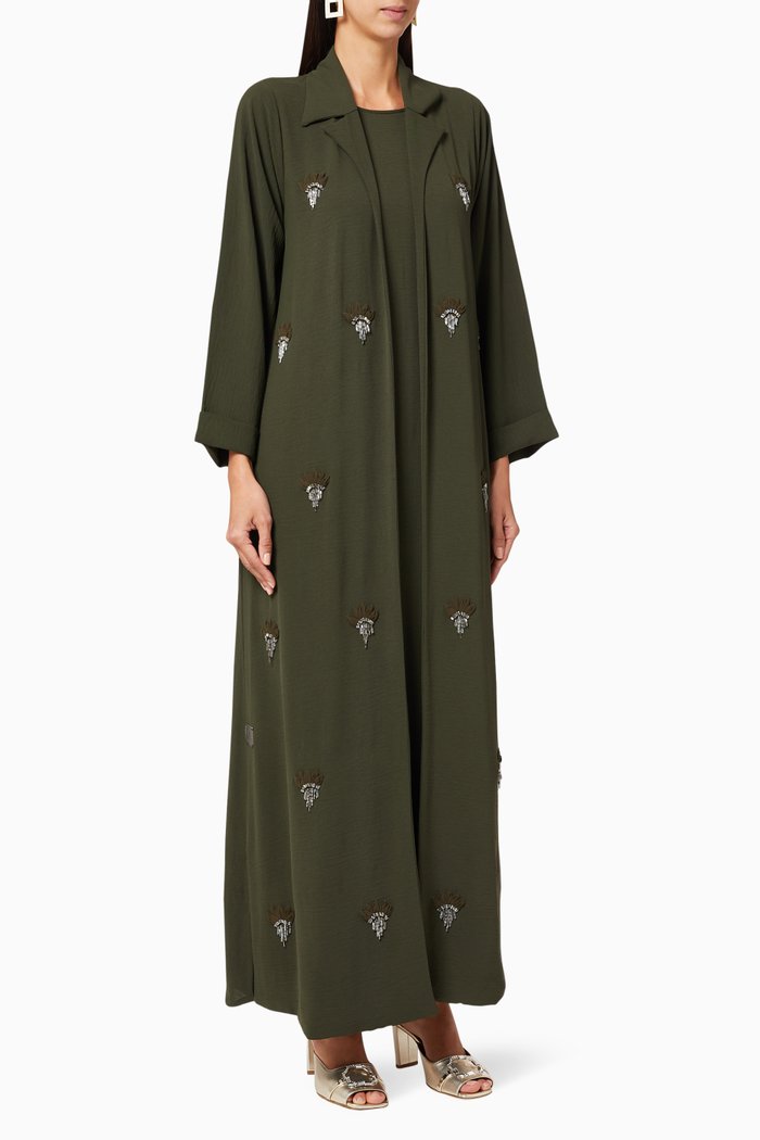 

Beaded Trench Style Abaya Set, Green