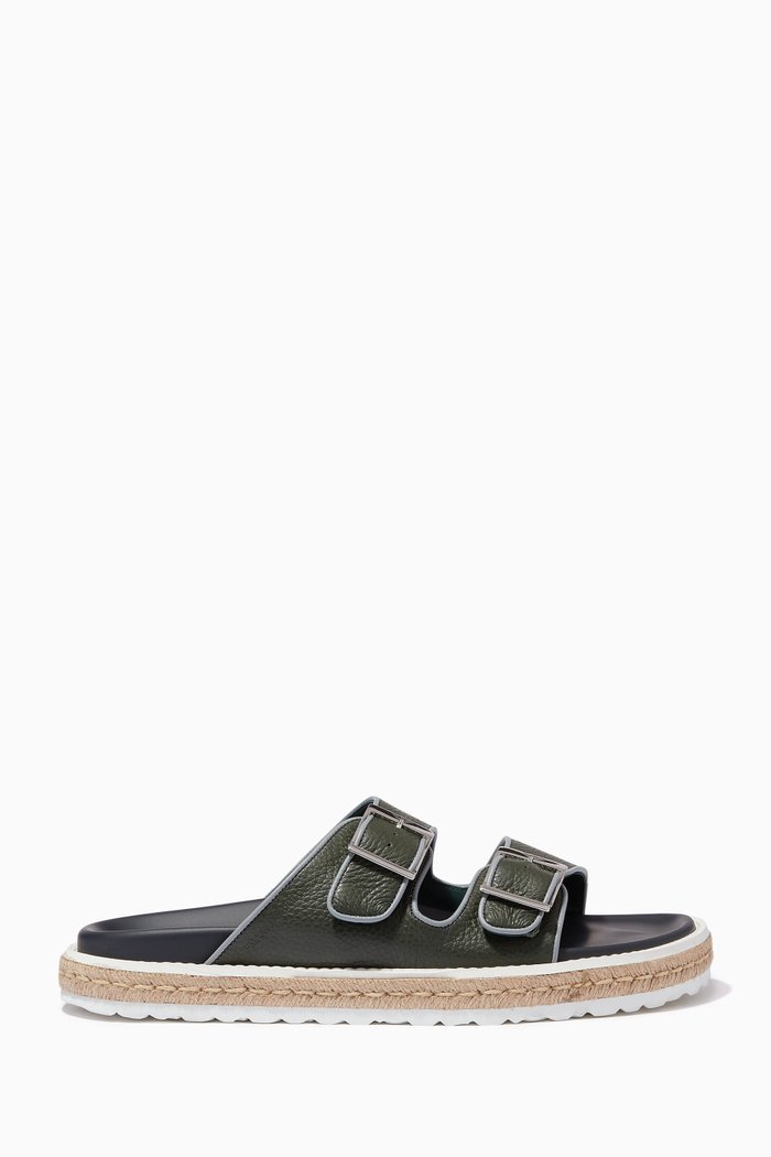 

Double Strap Slide Sandals in Grained Leather, Grey