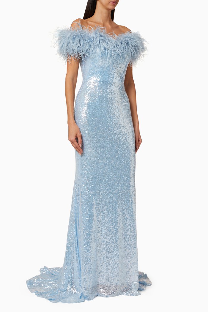 

Sequin Gown with Feather Trim, Blue