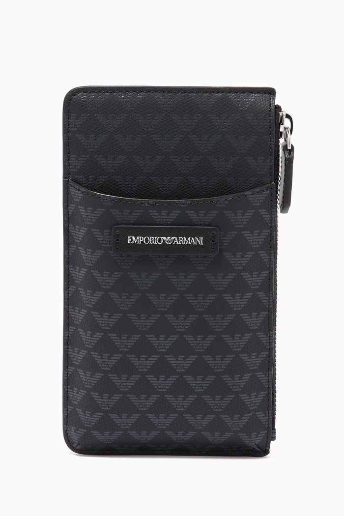 EA Eagle Monogram Card Holder in Eco Leather, Black