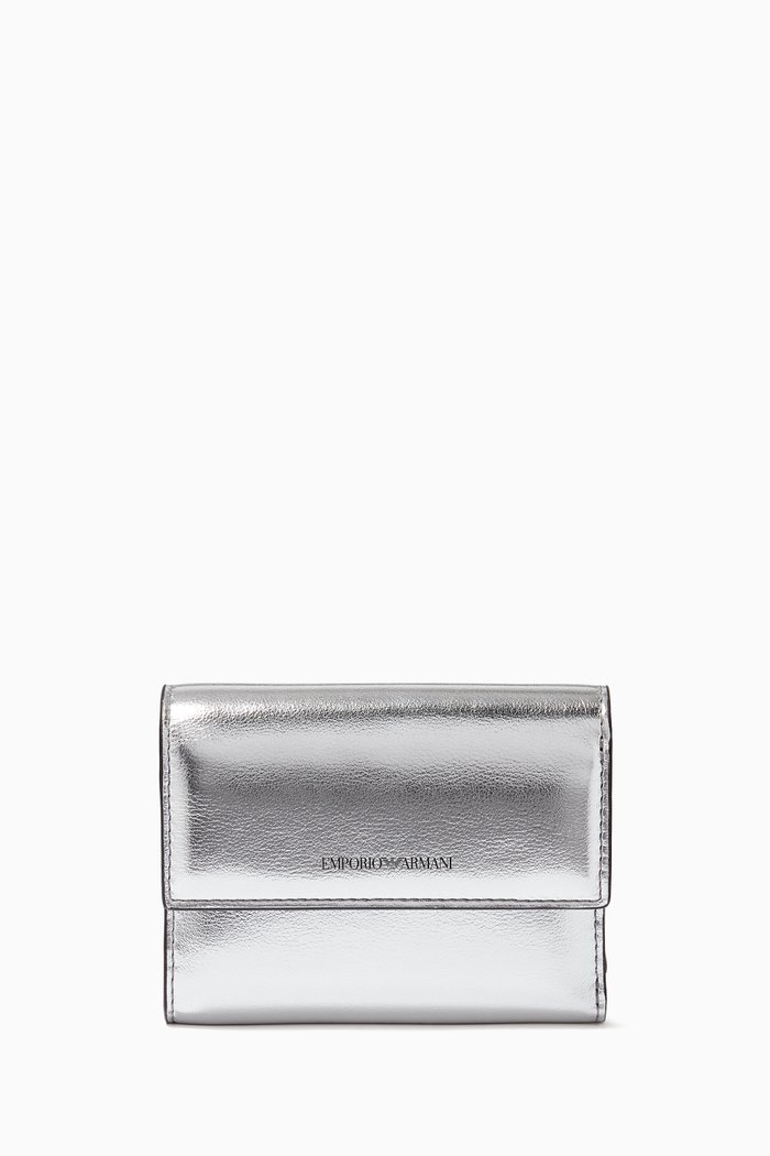 

Metallic Trifold Wallet in Eco Leather, Silver