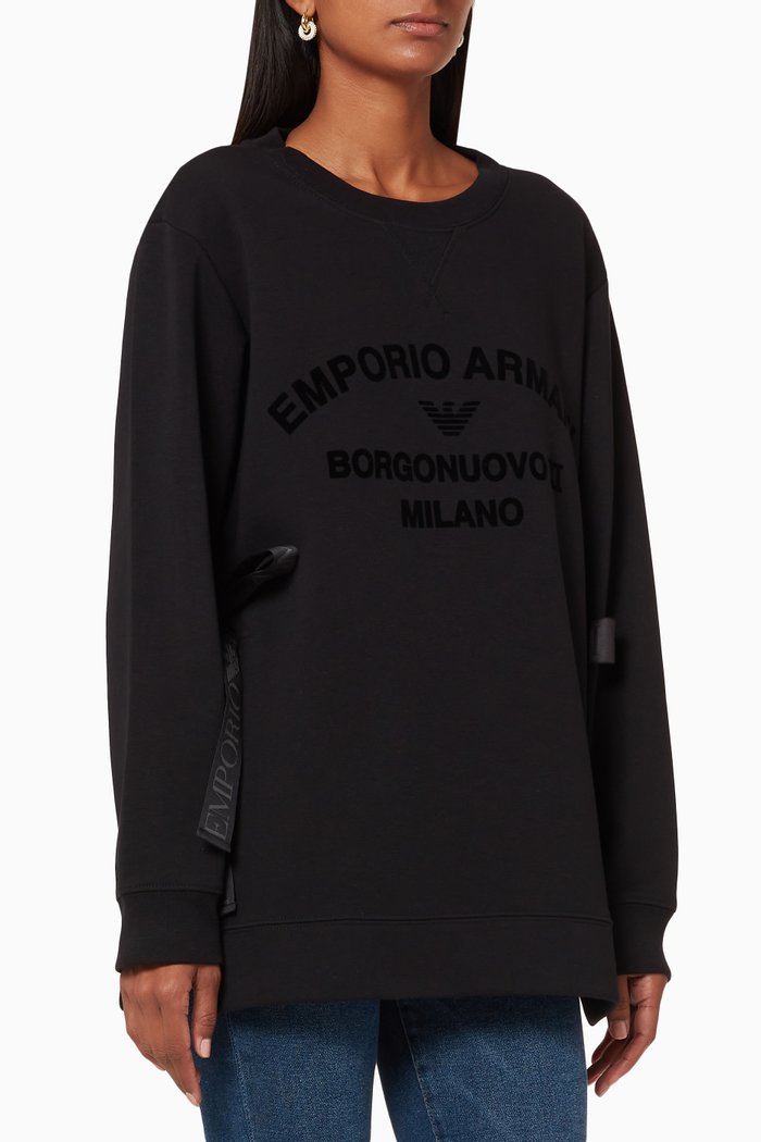 

Flocked Logo Ribbon-Tie Sweatshirt, Black