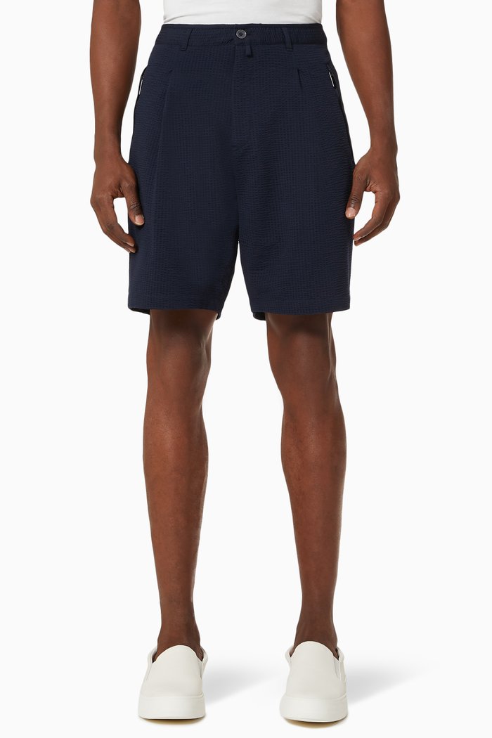 

Pleated Seersucker Shorts, Blue