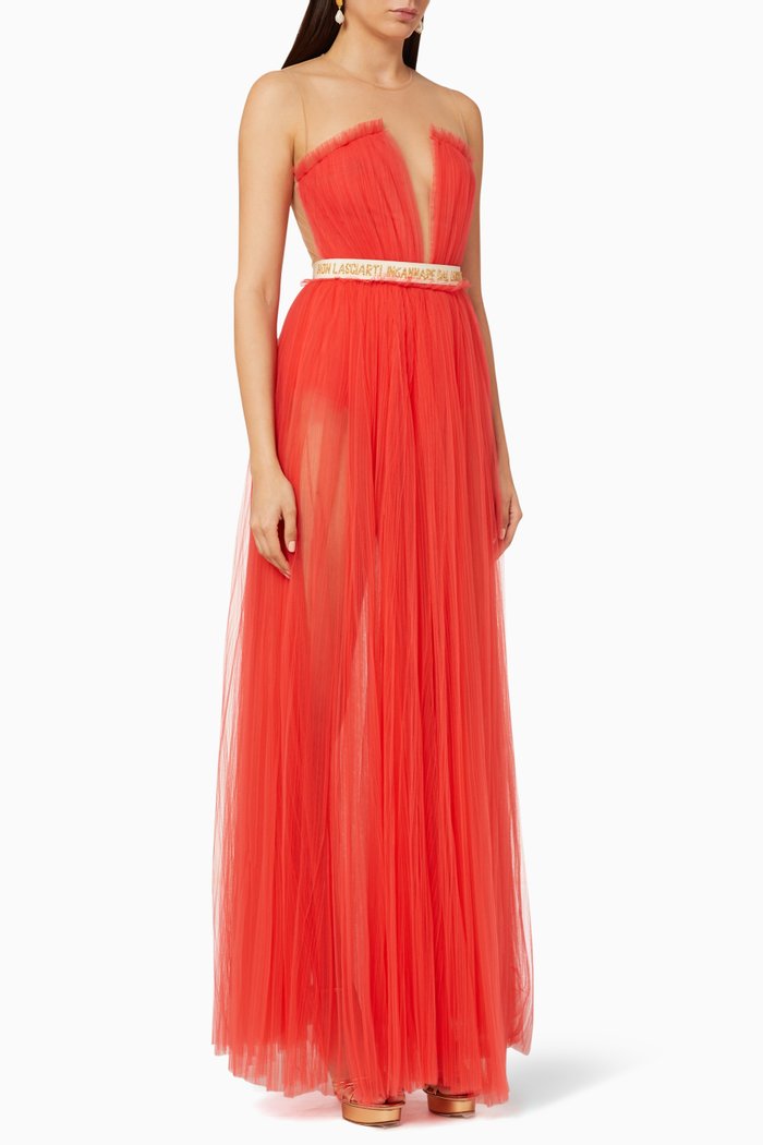 

Gathered Tulle Maxi Dress, Red